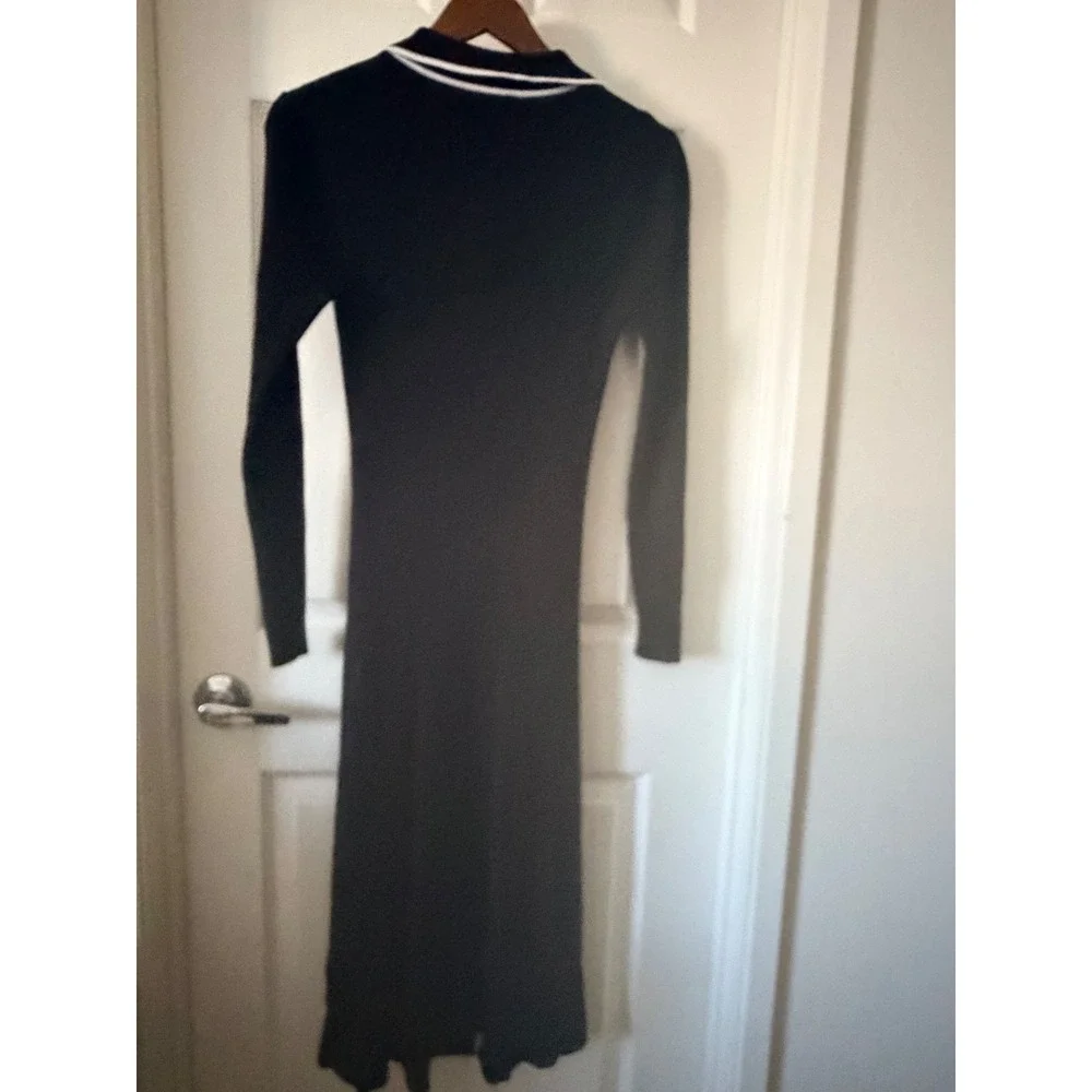 Halogen Womens Black Ribbed Knit Polo Midi Dress Long Sleeve White Trim Size S - Picture 4 of 4